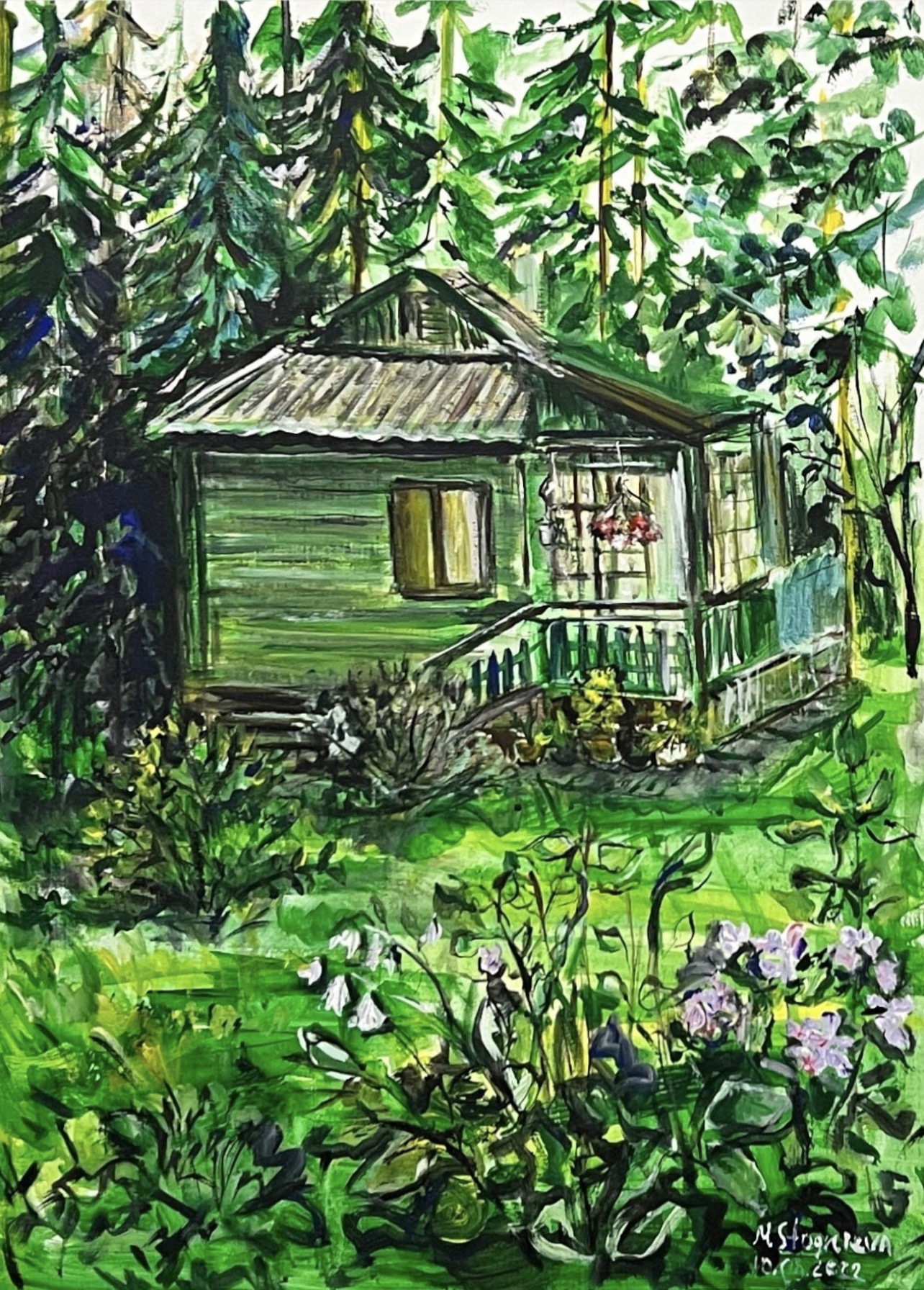 Country House and Garden — original Ukrainian landscape painting by Marina Stognieva, acrylic on canvas